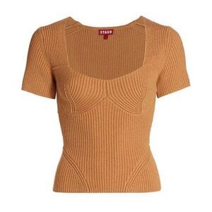Staud Buxton Brown Ribbed Knit Short Sleeve Sweater NWT Size Extra Large
